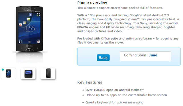 Sony Ericsson Xperia mini pro O2 UK